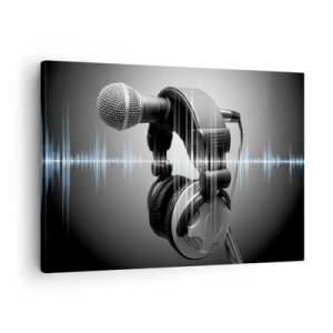 Quadro su tela - Stampe su Tela - Microfono e cuffie con visualizzazione delle onde sonore sullo sfondo - 70x50cm - Si sente ancora il canto - Decorazione murale moderna per soggiorno e camera da letto ARTTOR