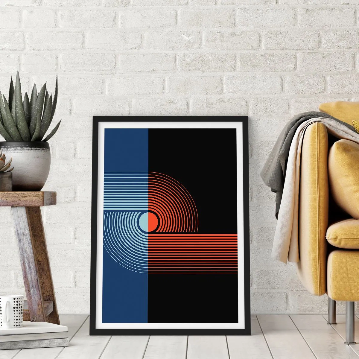 Poster in cornice nera - Composizione geometrica con linee in blu navy e arancione. - 50x70cm - Nell'abbraccio geometrico - Decorazione murale moderna per soggiorno e camera da letto ARTTOR