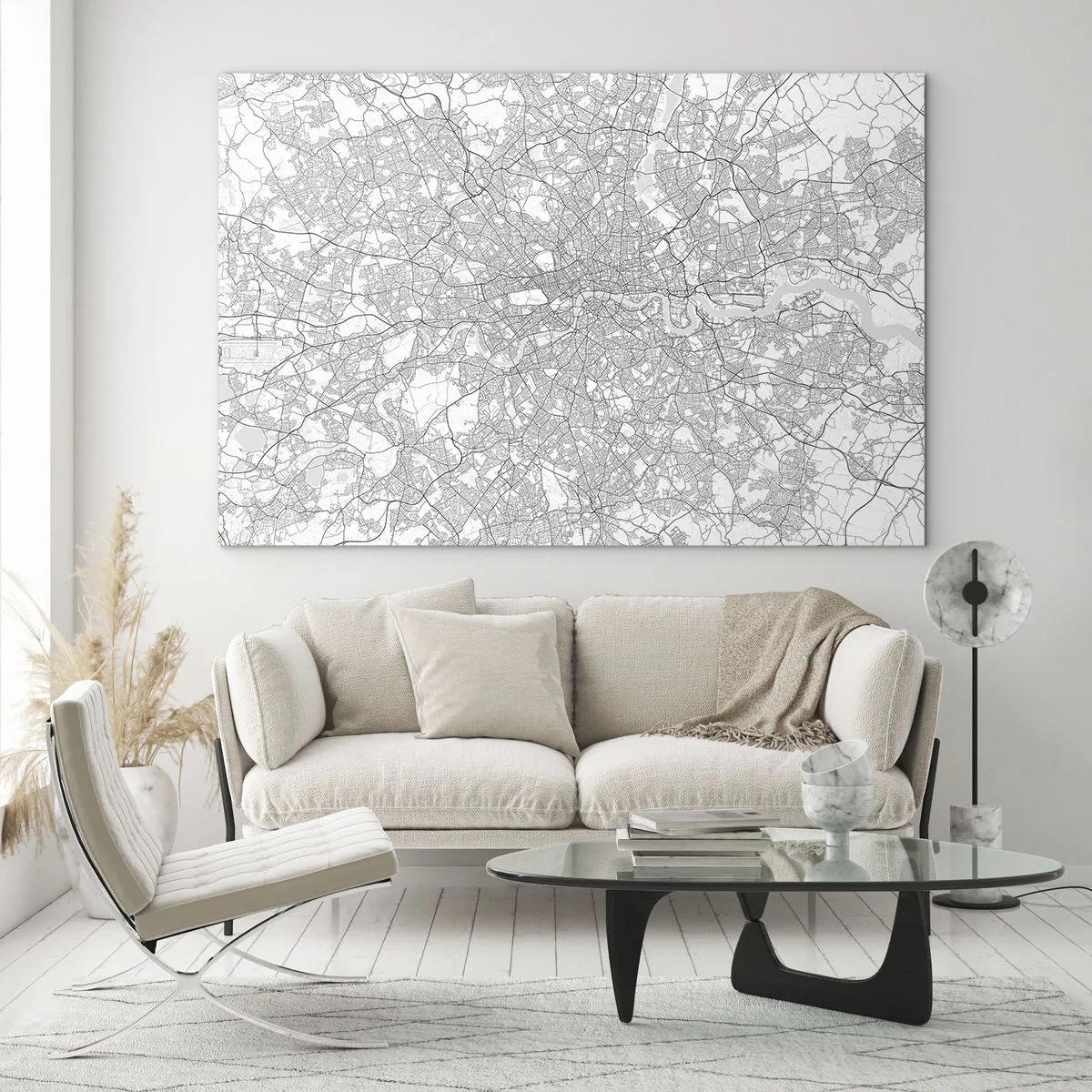 Quadro su vetro - Una mappa in bianco e nero con una fitta griglia stradale in stile minimalista. - 100x70cm - Mappa del labirinto di Londra - Decorazione murale moderna per soggiorno e camera da letto ARTTOR