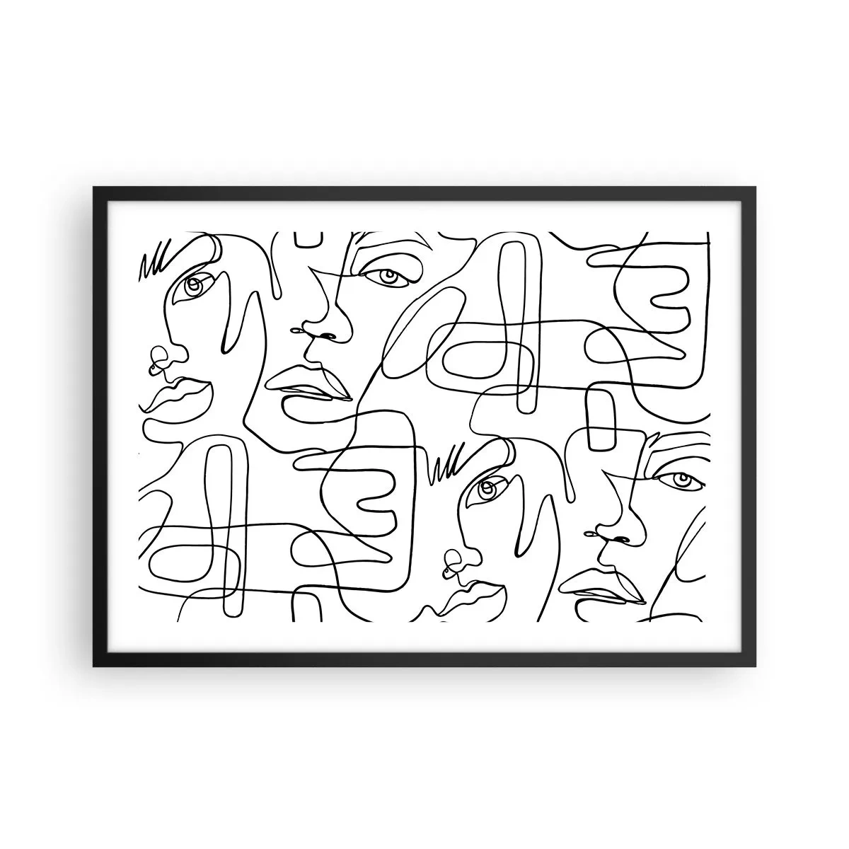 Poster in cornice nera - Un disegno minimalista di un viso con linee su uno sfondo chiaro. - 70x50cm - Emozioni intrecciate - Decorazione murale moderna per soggiorno e camera da letto ARTTOR