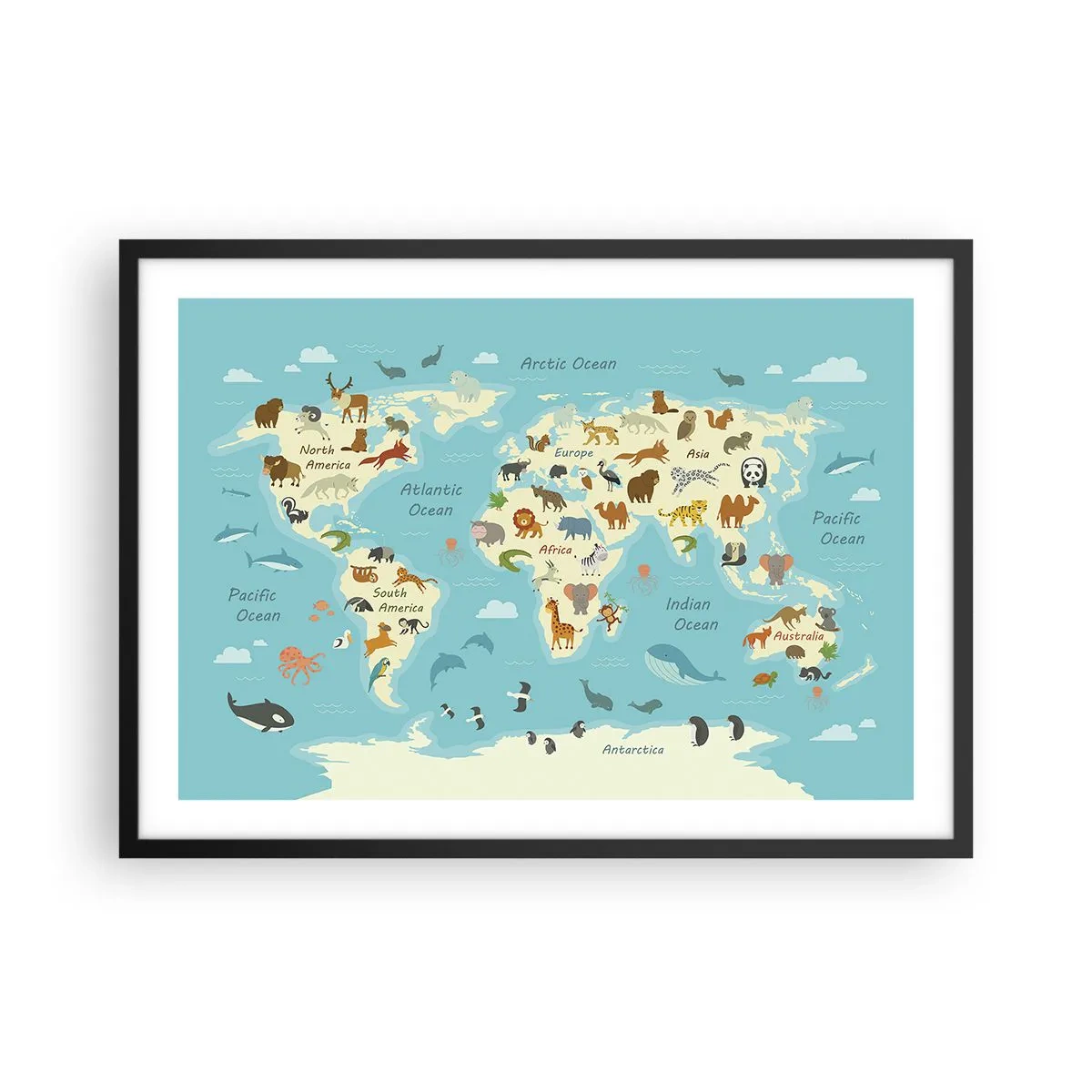 Poster in cornice nera - Mappa del mondo con illustrazioni di animali - 70x50cm - Buoni vicini - Decorazione murale moderna per soggiorno e camera da letto ARTTOR