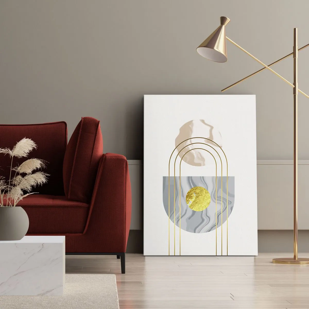 Quadro su tela - Stampe su Tela - Composizione astratta con cerchi e linee dorate su uno sfondo chiaro. - 50x70cm - Chiarezza e lucentezza - Decorazione murale moderna per soggiorno e camera da letto ARTTOR