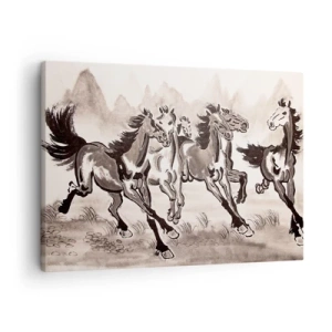 Quadro su tela - Stampe su Tela - Grafica dinamica di cavalli al galoppo in stile orientale - 70x50cm - Al galoppo con gioia - Decorazione murale moderna per soggiorno e camera da letto ARTTOR
