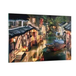 Quadro su vetro - Strada cinese di notte con barche e luci lungo il canale - 120x80cm - Sera in una via cinese - Decorazione murale moderna per soggiorno e camera da letto ARTTOR