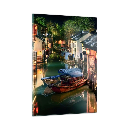 Quadro su vetro - Strada cinese di notte con barche e luci lungo il canale - 50x70cm - Sera in una via cinese - Decorazione murale moderna per soggiorno e camera da letto ARTTOR