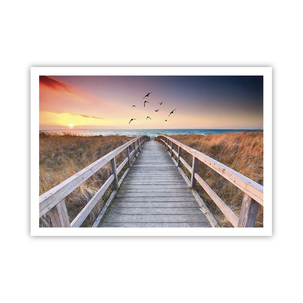 Poster - Molo di legno che conduce alla spiaggia al tramonto - 100x70cm - Spazio per volare - Decorazione murale moderna per soggiorno e camera da letto ARTTOR