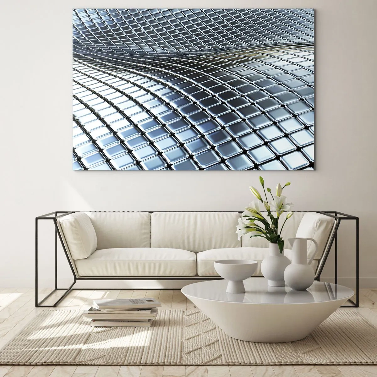 Quadro su vetro - Superficie astratta con quadrati di metallo lucido - 70x50cm - Onda metallica argentea - Decorazione murale moderna per soggiorno e camera da letto ARTTOR