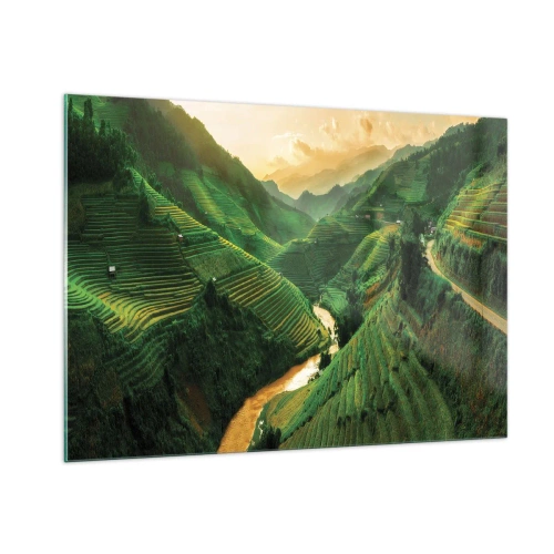 Quadro su vetro - Pittoresche terrazze di riso nella valle al tramonto - 100x70cm - Valle del Vietnam - Decorazione murale moderna per soggiorno e camera da letto ARTTOR