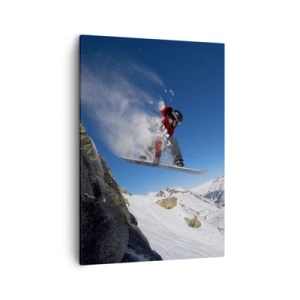Quadro su tela - Stampe su Tela - Uno snowboarder salta da una roccia contro un paesaggio montano - 50x70cm - E diventi parte del panorama - Decorazione murale moderna per soggiorno e camera da letto ARTTOR