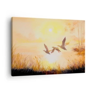 Quadro su tela - Stampe su Tela - Anatre che volano all'alba sul lago - 70x50cm - L'inizio di un lungo viaggio - Decorazione murale moderna per soggiorno e camera da letto ARTTOR
