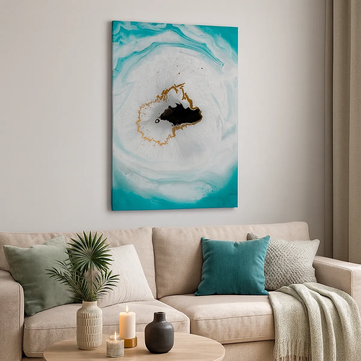 Quadro su tela - Stampe su Tela - Motivo geode astratto nelle tonalità del turchese, bianco e oro - 50x70cm - Penetrare all'interno - Decorazione murale moderna per soggiorno e camera da letto ARTTOR