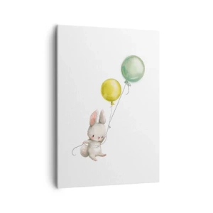 Quadro su tela - Stampe su Tela - Un coniglio che tiene in mano palloncini color pastello - 50x70cm - Volo anch'io! - Decorazione murale moderna per soggiorno e camera da letto ARTTOR