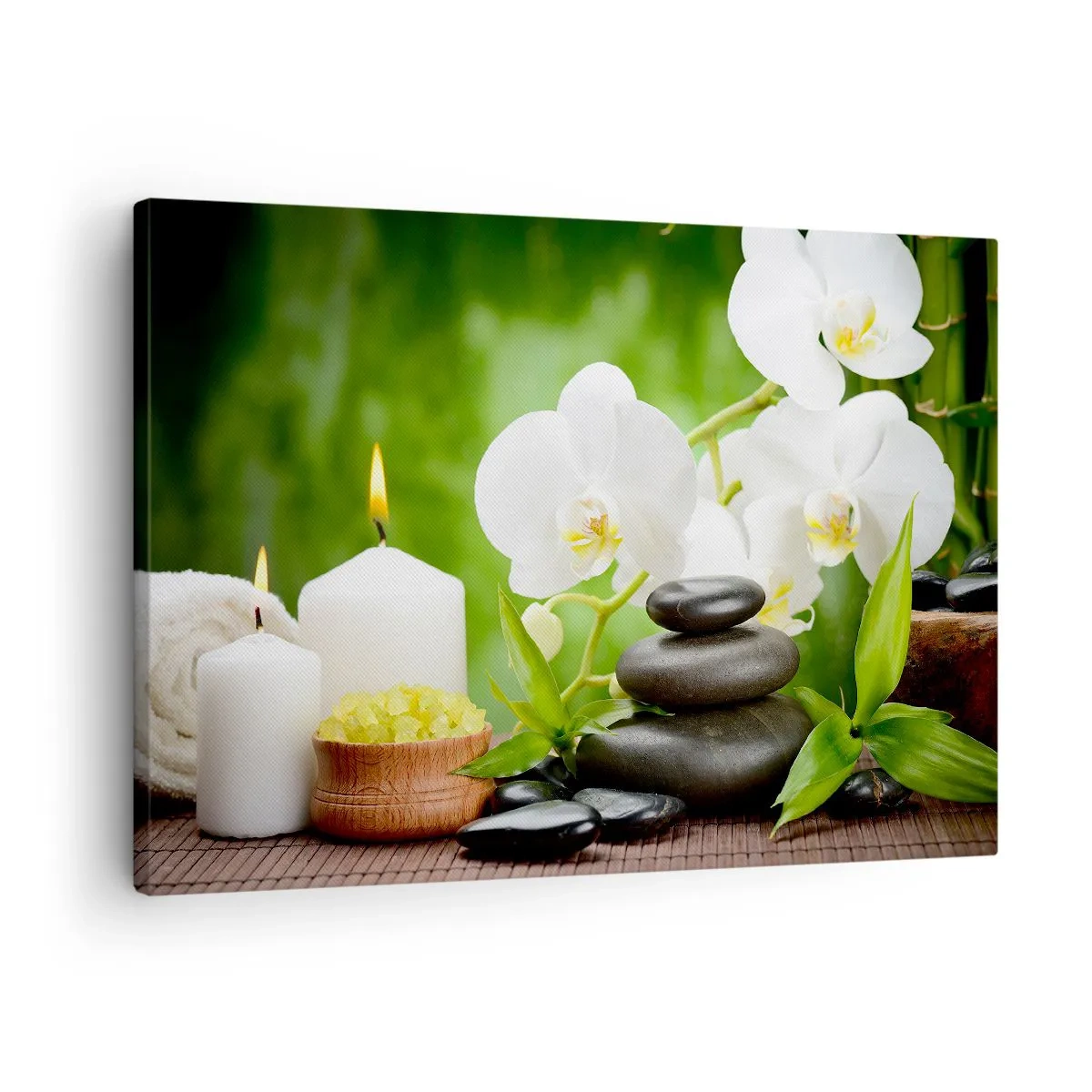 Quadro su tela - Stampe su Tela - Orchidee, candele e pietre immerse nella natura - 70x50cm - Tocco delicato, fragrante, floreale - Decorazione murale moderna per soggiorno e camera da letto ARTTOR