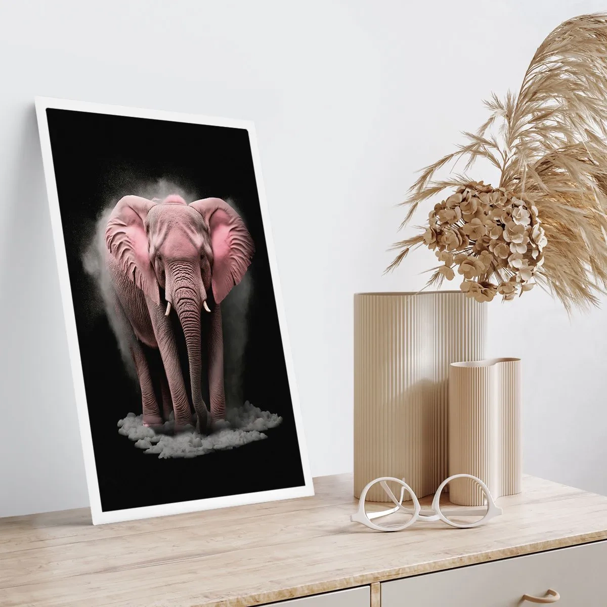 Poster - Un elefante rosa in uno spazio dinamico e nero - 50x70cm - Non pensare all'elefante rosa! - Decorazione murale moderna per soggiorno e camera da letto ARTTOR