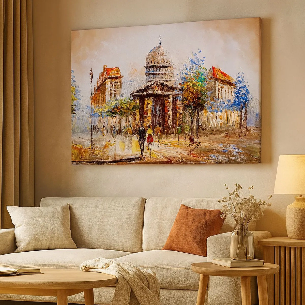 Quadro su tela - Stampe su Tela - Scena cittadina impressionista con un edificio storico - 70x50cm - Passeggiata a Parigi - Decorazione murale moderna per soggiorno e camera da letto ARTTOR