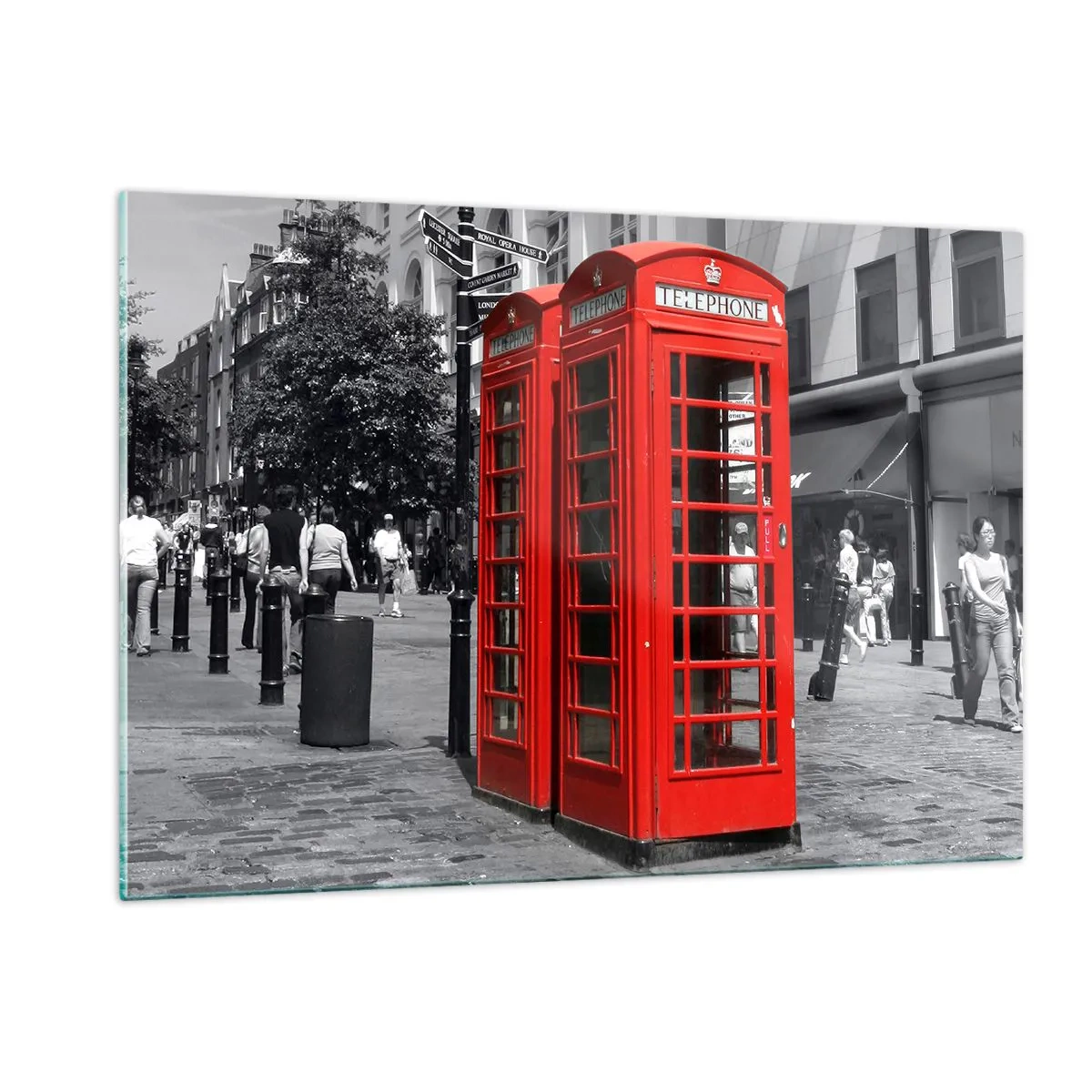 Quadro su vetro - Cabine telefoniche rosse in una strada di Londra - 120x80cm - Cabine telefoniche rosse - Decorazione murale moderna per soggiorno e camera da letto ARTTOR
