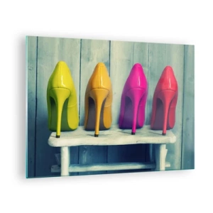 Quadro su vetro - Quattro spilli colorati disposti su una panca di legno - 70x50cm - A passeggio sull'arcobaleno - Decorazione murale moderna per soggiorno e camera da letto ARTTOR