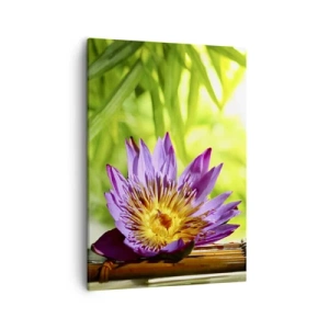 Quadro su tela - Stampe su Tela - Fiore di loto viola su uno sfondo di foglie di bambù verdi - 50x70cm - Al sole dell'Asia - Decorazione murale moderna per soggiorno e camera da letto ARTTOR