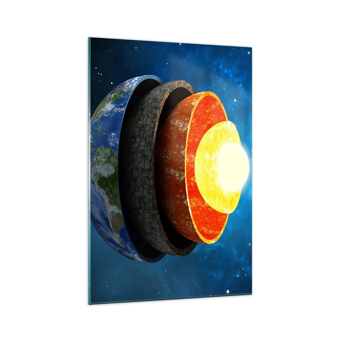 Quadro su vetro - Una sezione trasversale della Terra che mostra i suoi strati nello spazio. - 70x100cm - Viaggio al centro della terra - Decorazione murale moderna per soggiorno e camera da letto ARTTOR