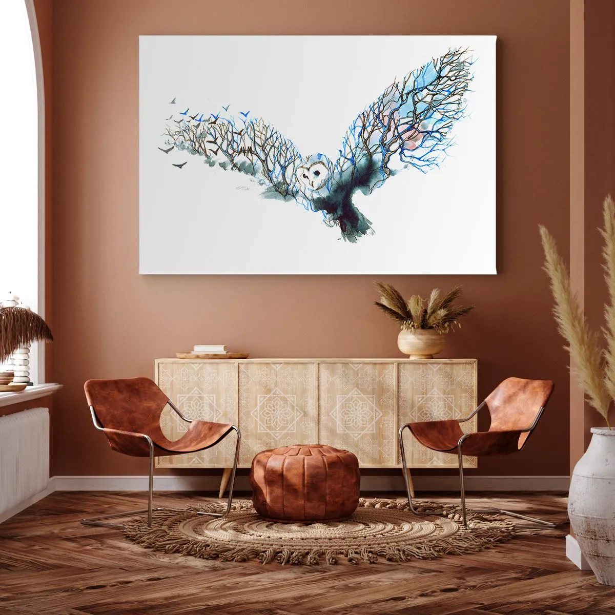 Quadro su tela - Stampe su Tela - Grafica artistica di un gufo con le ali spiegate - 70x50cm - Sulle ali del bosco - Decorazione murale moderna per soggiorno e camera da letto ARTTOR