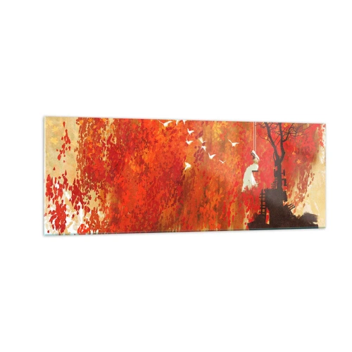 Quadro su vetro - Una figura su un'altalena vicino a un albero circondata da foglie rosse - 140x50cm - Voli con noi? - Decorazione murale moderna per soggiorno e camera da letto ARTTOR