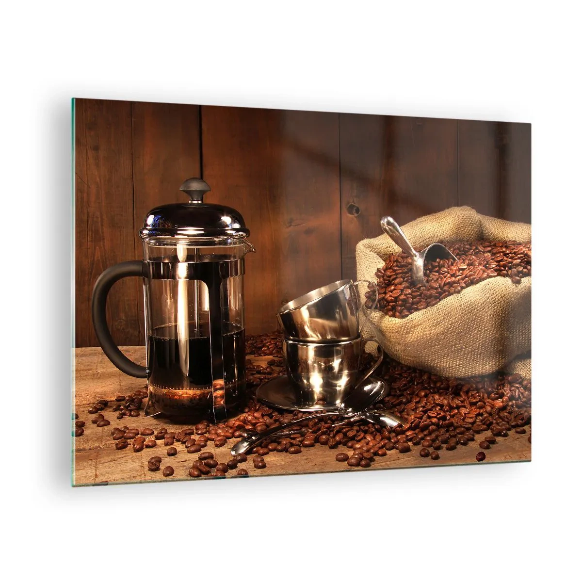 Quadro su vetro - Macchina per il caffè, tazze e un sacchetto di chicchi di caffè - 70x50cm - Magia del caffè: aroma e sapore - Decorazione murale moderna per soggiorno e camera da letto ARTTOR