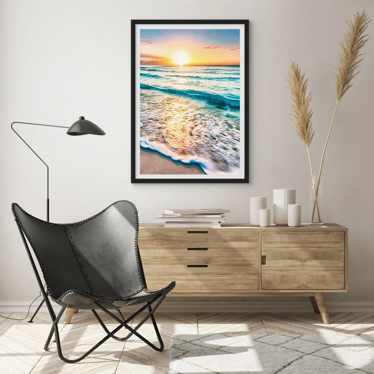 Poster in cornice nera - Tramonto su un mare calmo con onde - 50x70cm - Tramonto sul mare - Decorazione murale moderna per soggiorno e camera da letto ARTTOR