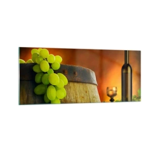 Quadro su vetro - Natura morta con bottiglia di vino e acini d'uva - 100x40 cm