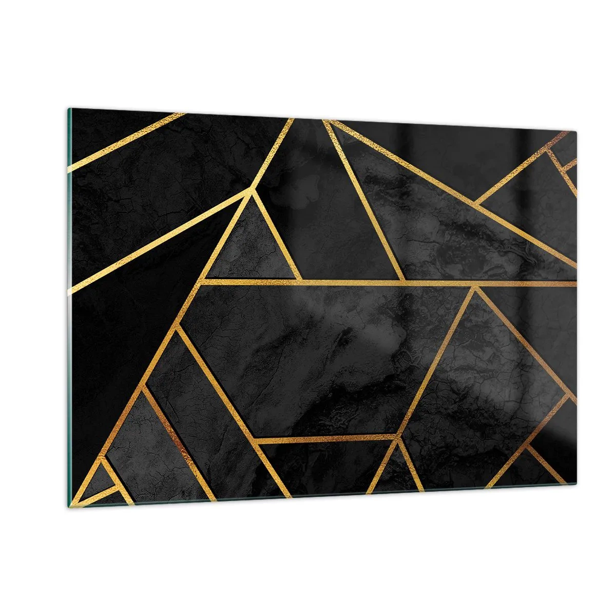 Quadro su vetro - Composizione geometrica nera e oro su sfondo marmoreo - 120x80cm - Oscurità e luce - Decorazione murale moderna per soggiorno e camera da letto ARTTOR