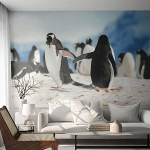 Fotomurali Premium Canvas - Un gruppo di pinguini nella neve in un paesaggio antartico - 100x70cm - Danza sulla neve - Decorazione murale moderna per soggiorno e camera da letto ARTTOR