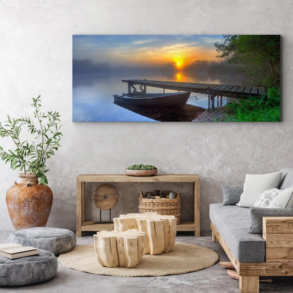 Quadro su tela - Stampe su Tela - Un molo sul lago all'alba con una barca sulla riva - 120x50cm - Come la normalità diventa magica - Decorazione murale moderna per soggiorno e camera da letto ARTTOR