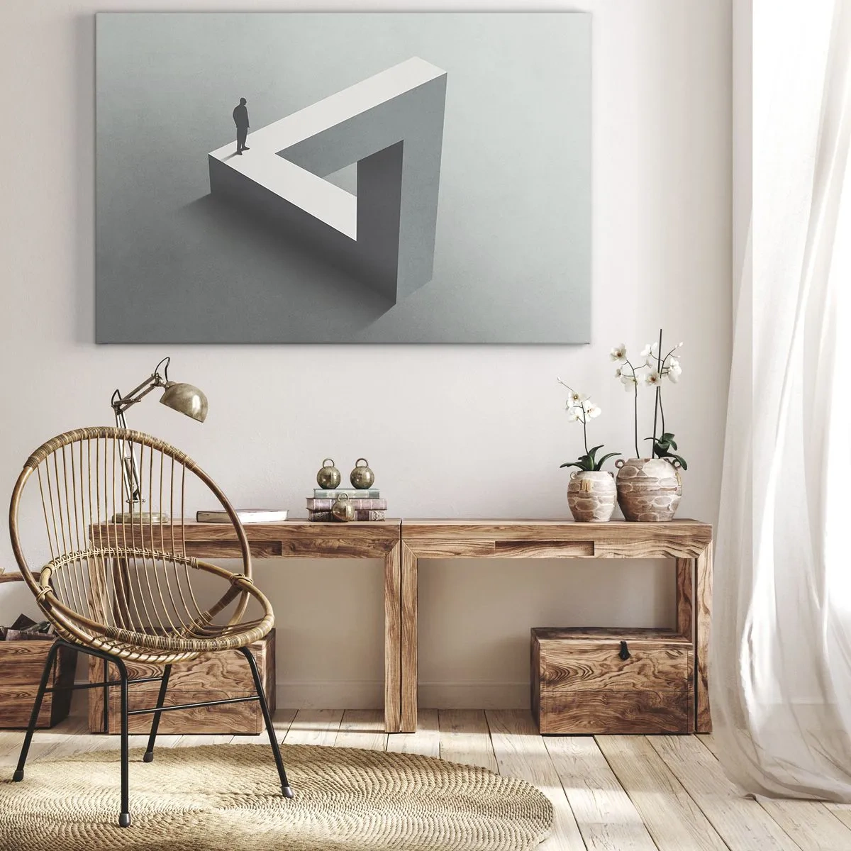 Quadro su tela - Stampe su Tela - Una figura in piedi su un triangolo di Penrose in tonalità di grigio. - 120x80cm - Eppure è possibile - Decorazione murale moderna per soggiorno e camera da letto ARTTOR