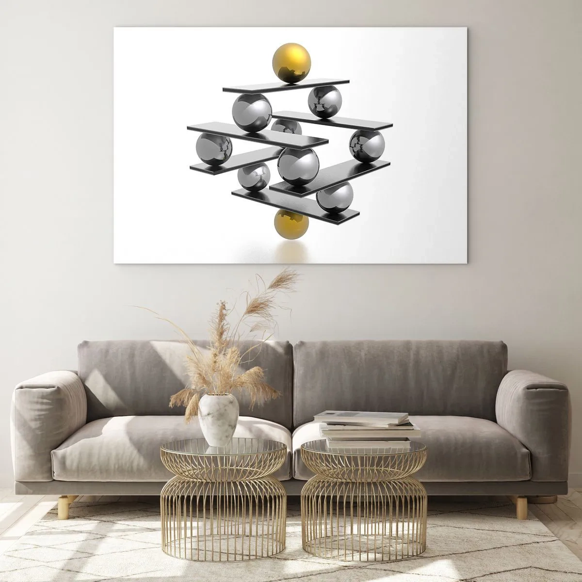Quadro su vetro - Composizione geometrica con palline e piattaforme su sfondo bianco - 100x70cm - Equilibrio oro e argento - Decorazione murale moderna per soggiorno e camera da letto ARTTOR