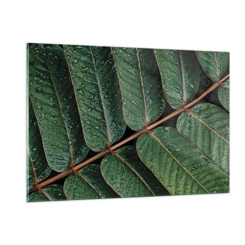 Quadro su vetro - Primo piano di foglie verdi con gocce d'acqua - 120x80cm - Al ritmo verde - Decorazione murale moderna per soggiorno e camera da letto ARTTOR