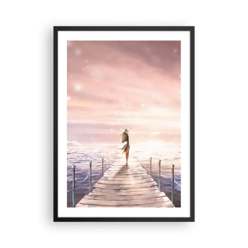 Poster in cornice nera - Romantico tramonto sul molo con una donna con un cappello - 50x70cm - Alla luce del sogno - Decorazione murale moderna per soggiorno e camera da letto ARTTOR
