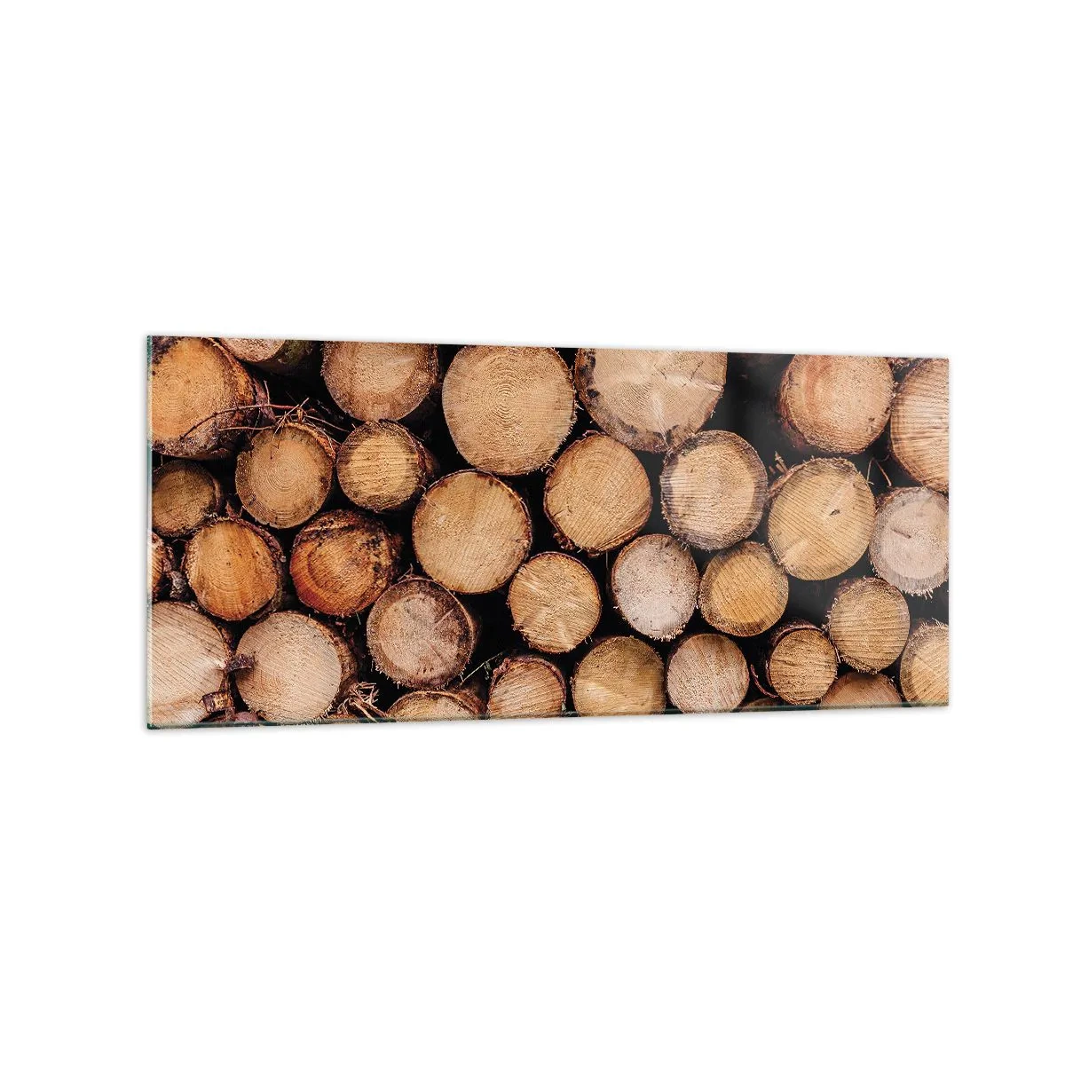 Quadro su vetro - Mucchi di tronchi d'albero abbattuti disposti in armonia - 120x50cm - Nuovo inizio - Decorazione murale moderna per soggiorno e camera da letto ARTTOR