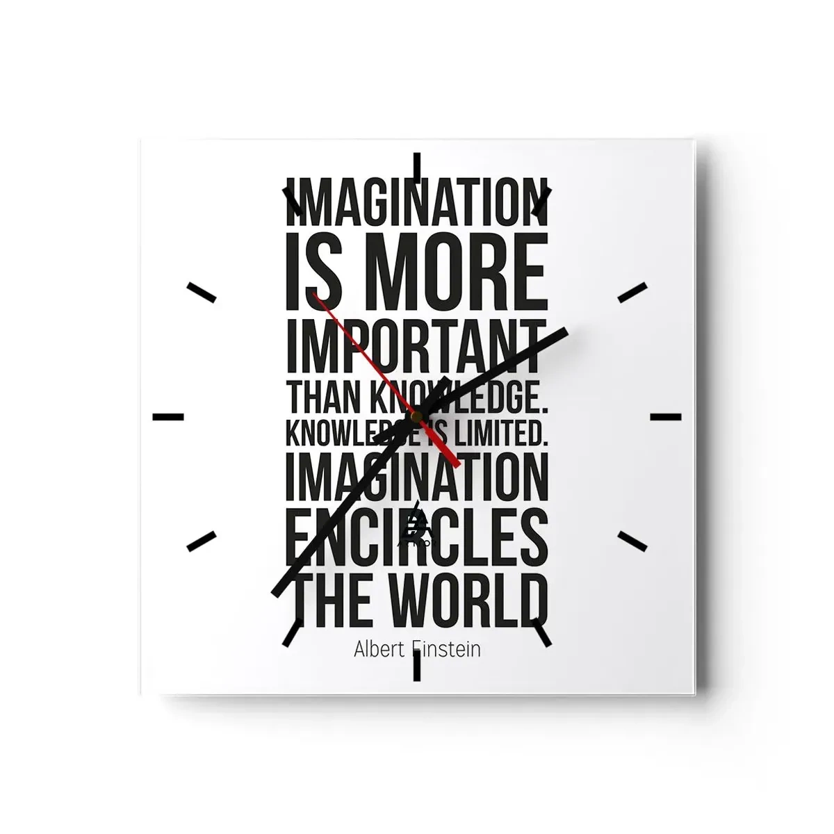 Orologio da parete - Orologio in Vetro - Citazione ispiratrice su sfondo bianco in carattere nero - 30x30cm - Einstein sul potere dell'immaginazione - Decorazione murale moderna per soggiorno e camera da letto ARTTOR