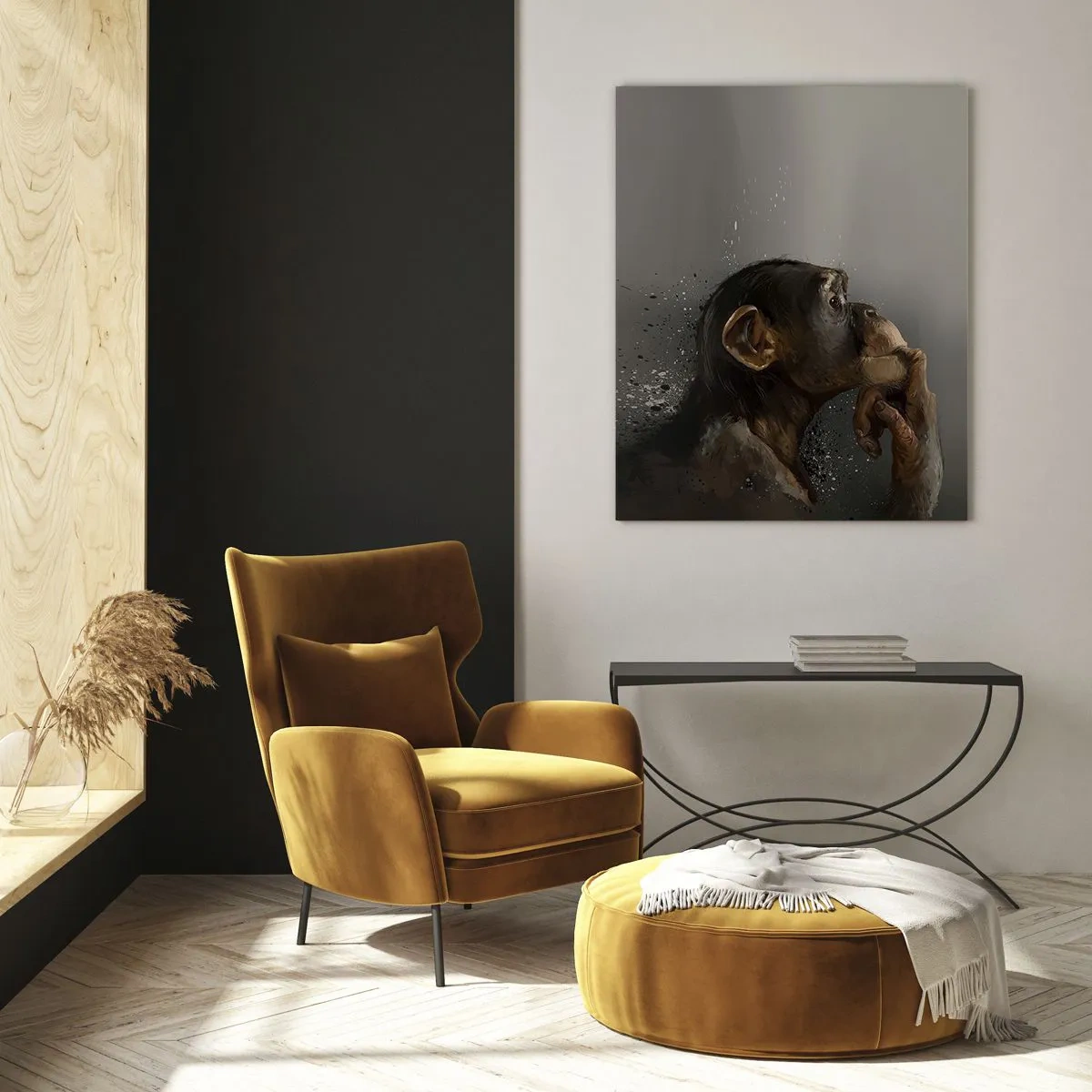 Quadro su vetro - Una scimmia che sembra pensierosa su uno sfondo scuro con effetto schizzi - 50x70cm - Sicuramente un pensatore - Decorazione murale moderna per soggiorno e camera da letto ARTTOR