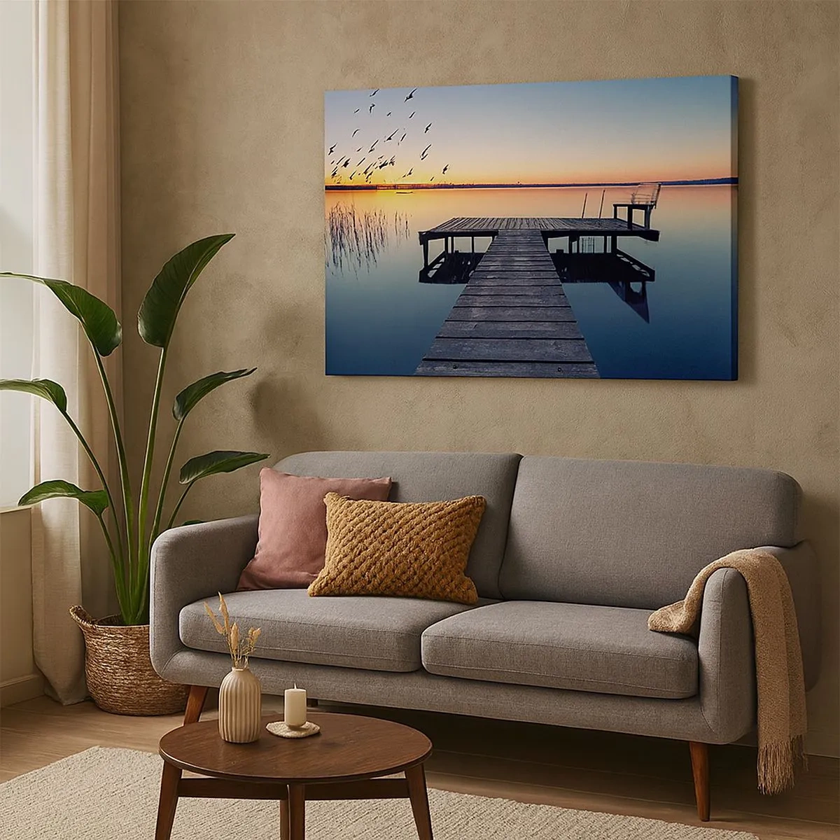 Quadro su tela - Stampe su Tela - Molo di legno su un lago all'alba con uccelli - 70x50cm - È stata una buona giornata - Decorazione murale moderna per soggiorno e camera da letto ARTTOR