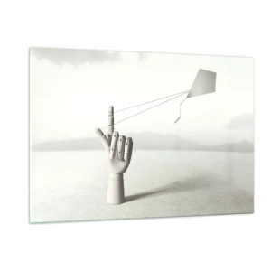Quadro su vetro - Una mano di legno che tiene un aquilone galleggiante sul suo dito - 120x80cm - Prova di forza - Decorazione murale moderna per soggiorno e camera da letto ARTTOR