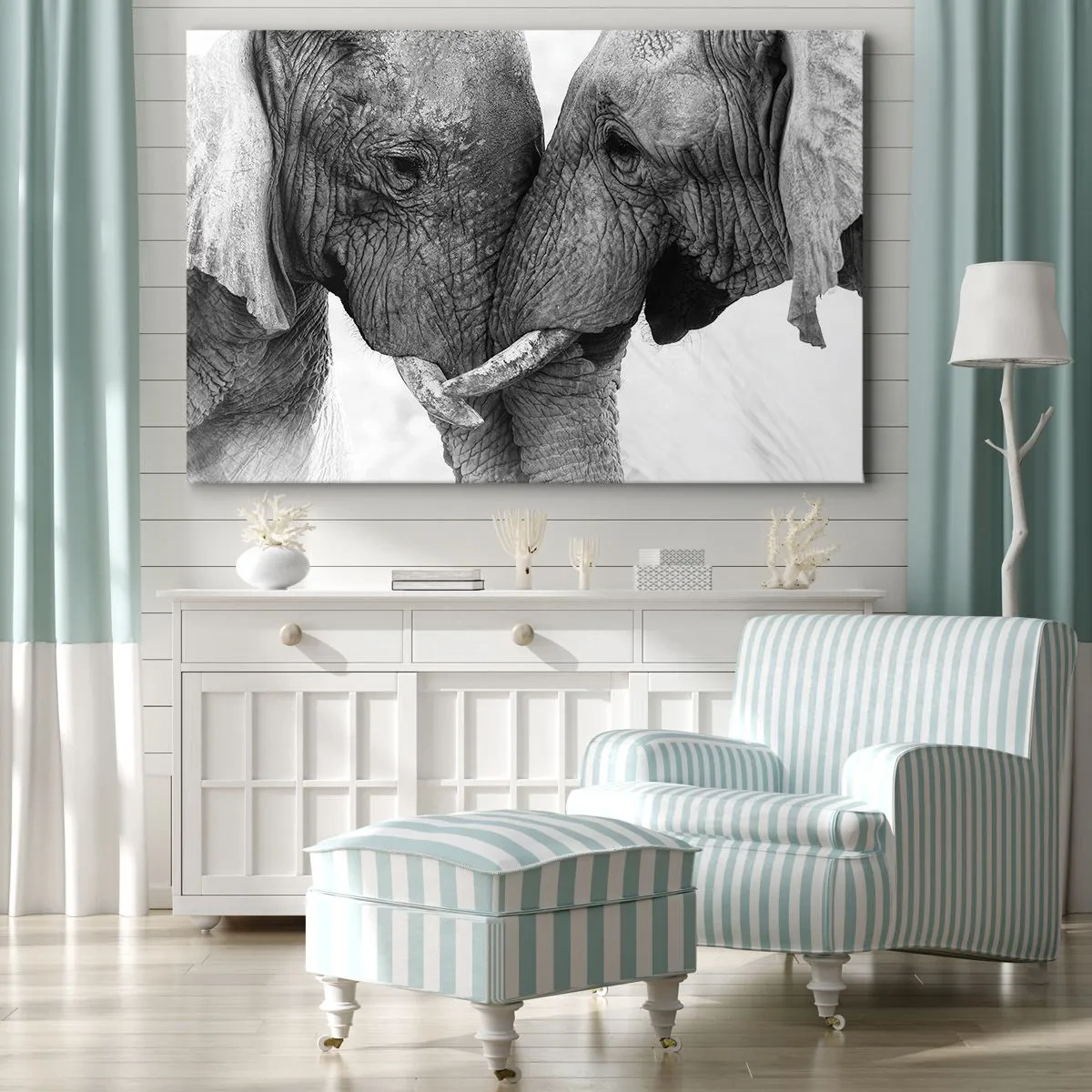 Quadro su tela - Stampe su Tela - Due elefanti in un gesto tenero su uno sfondo monocromo - 70x50cm - Dichiarazione sincera - Decorazione murale moderna per soggiorno e camera da letto ARTTOR