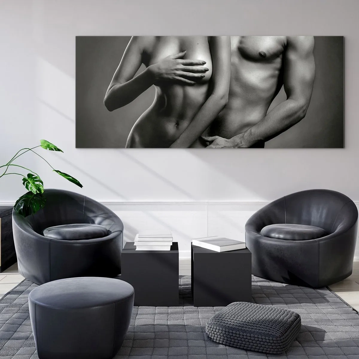 Quadro su vetro - Rappresentazione in bianco e nero di corpi femminili e maschili in una posa artistica - 140x50cm - Adamo ed Eva - Decorazione murale moderna per soggiorno e camera da letto ARTTOR