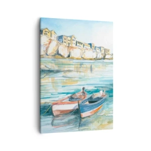 Quadro su tela - Stampe su Tela - Un pittoresco paesaggio costiero con barche sull'acqua - 50x70cm - Paesaggio in azzurro - Decorazione murale moderna per soggiorno e camera da letto ARTTOR