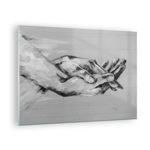 Quadro su vetro - Dipinto in bianco e nero di due mani che si cercano - 70x50cm - Inizio... - Decorazione murale moderna per soggiorno e camera da letto ARTTOR