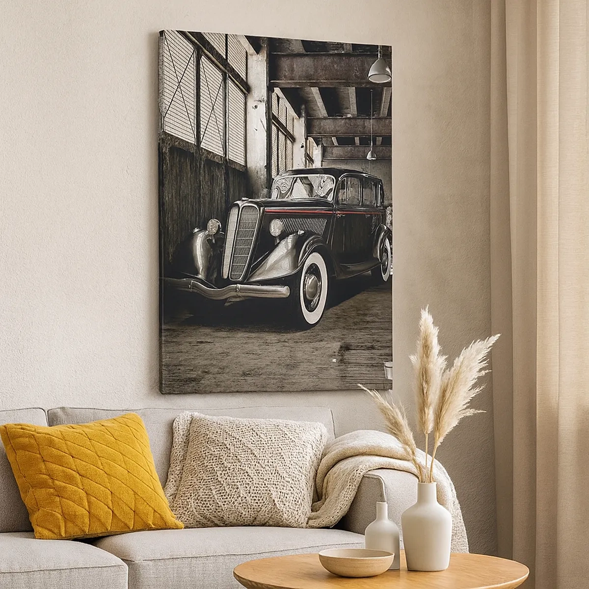 Quadro su tela - Stampe su Tela - Elegante auto retrò in un magazzino grezzo - 50x70cm - L'eleganza eterna degli anni '30 - Decorazione murale moderna per soggiorno e camera da letto ARTTOR