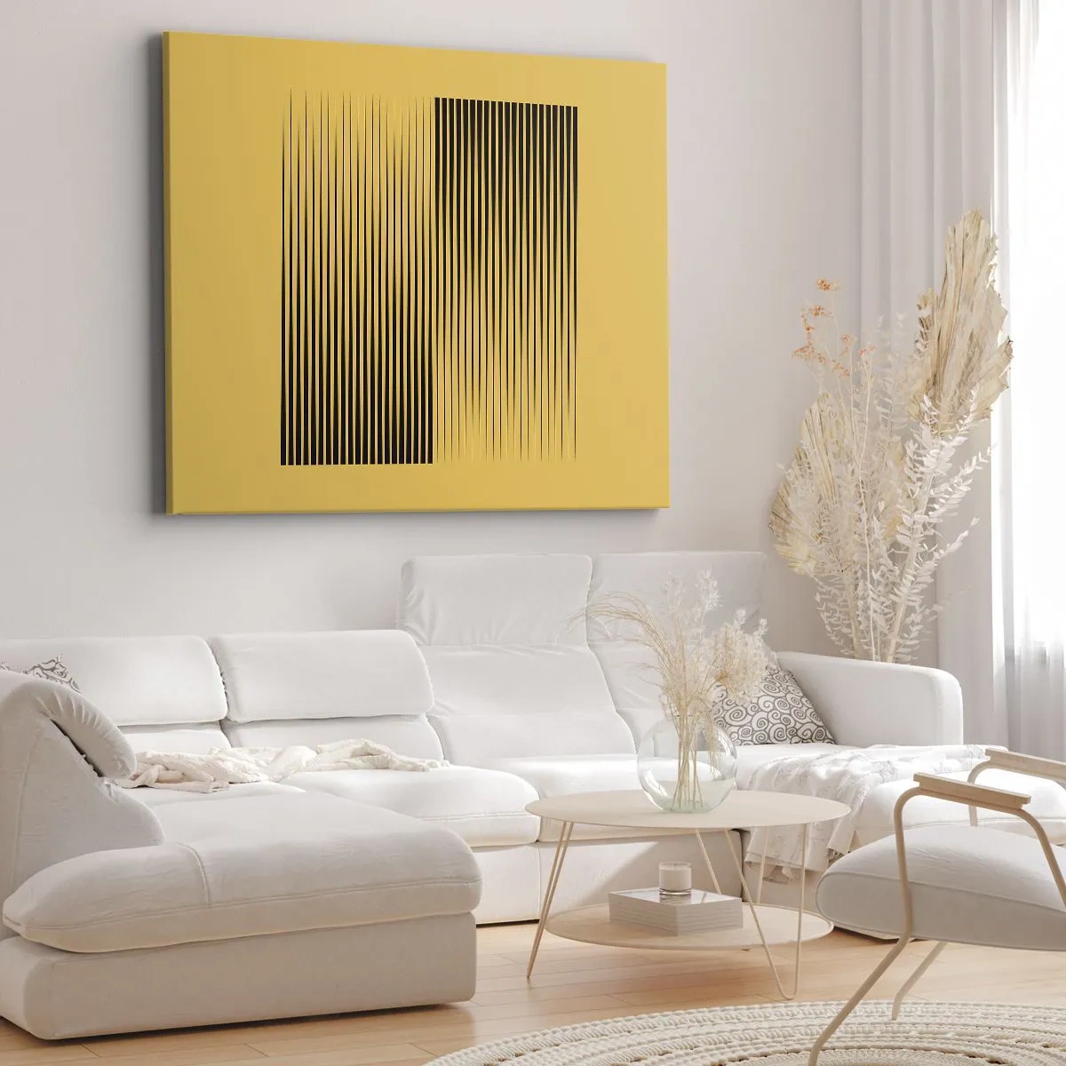 Quadro su tela - Stampe su Tela - Linee nere verticali su sfondo giallo - 70x50cm - La quadratura degli opposti - Decorazione murale moderna per soggiorno e camera da letto ARTTOR