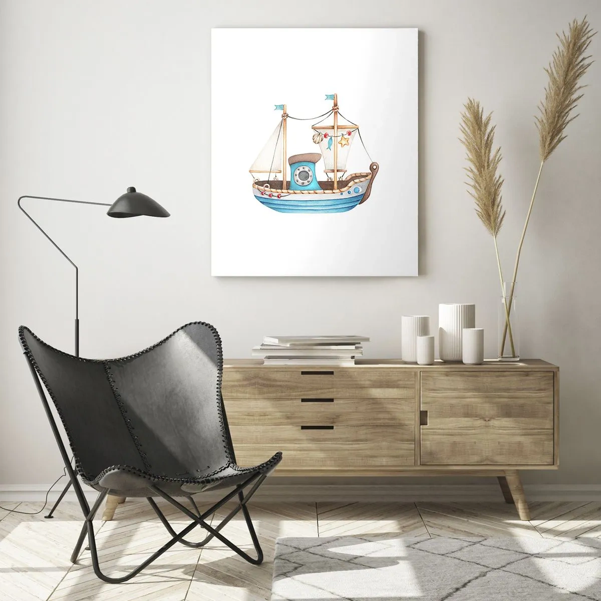 Quadro su vetro - Illustrazione di una nave per bambini su sfondo bianco - 50x70cm - Benvenuta avventura! - Decorazione murale moderna per soggiorno e camera da letto ARTTOR