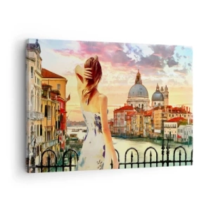 Quadro su tela - Stampe su Tela - Una donna ammira il pittoresco paesaggio lungo il canale - 70x50cm - Se un'avventura allora solo a... - Decorazione murale moderna per soggiorno e camera da letto ARTTOR