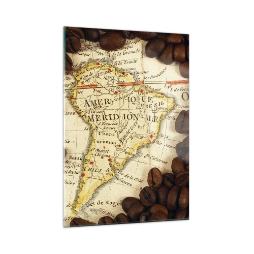 Quadro su vetro - Una mappa del Sud America circondata da chicchi di caffè. - 50x70cm - Da dove viene il miglior caffè? - Decorazione murale moderna per soggiorno e camera da letto ARTTOR