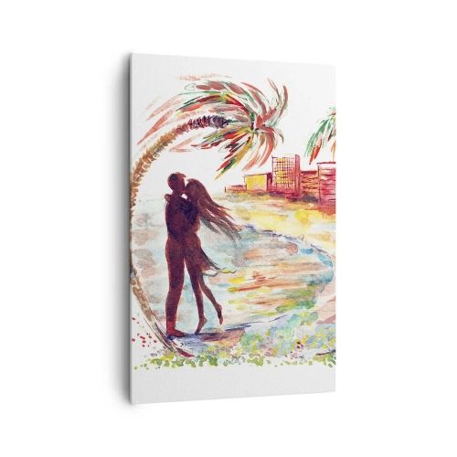 Quadro su tela - Stampe su Tela - Scena romantica di coppia su una spiaggia con palme in acquerello - 80x120cm - Vacanze romantiche - Decorazione murale moderna per soggiorno e camera da letto ARTTOR